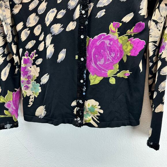 Chico's Black Silk Blend Sequin Floral Button Up Cardigan Sweater Artsy 1 Med - Picture 5 of 10